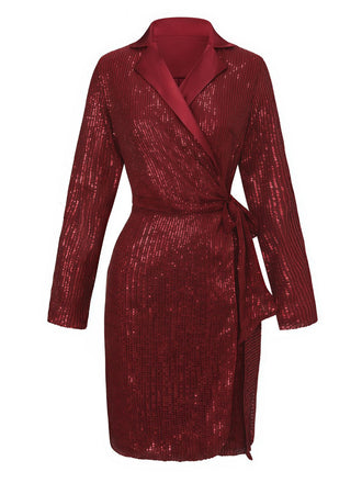 Veste longue pailleté col revers à nouer ceinturée années 1960