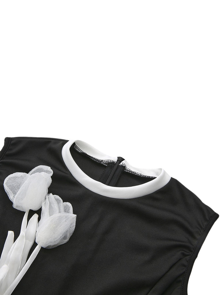 Combinaison noire sans manches nouer style ornée de fleurs en 3D années 1950