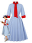 Robe bleue col montant et nœud contrastant années 1950