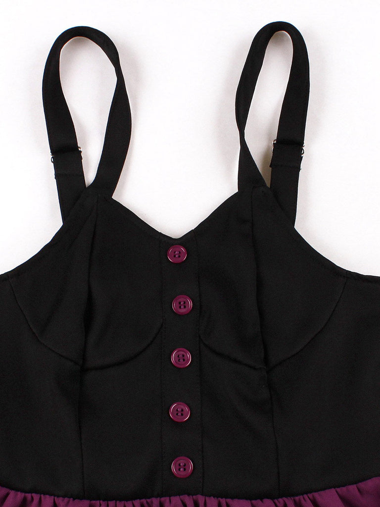 Robe trapèze motif chat larges bretelles rouge violacé des années 1950