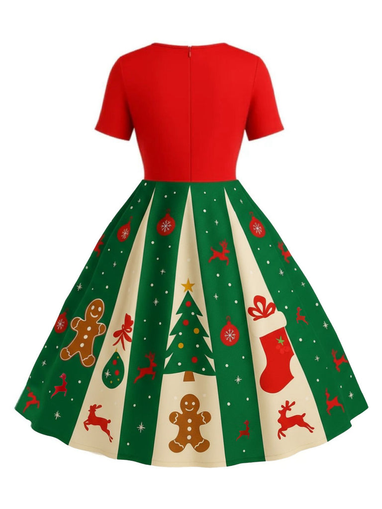 [Pré-vente] [Grande taille] Robe trapèze rouge et verte motif flocon de neige des années 1950