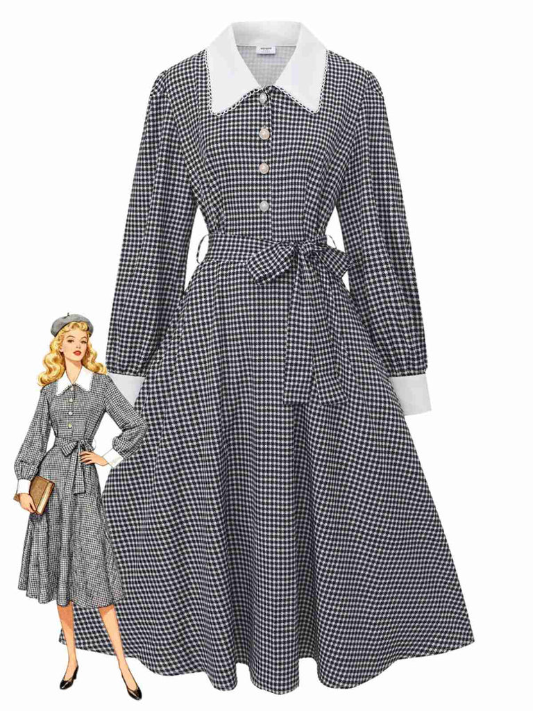 Robe noire à manches bouffantes et boutons nacrés style pied-de-poule années 1940