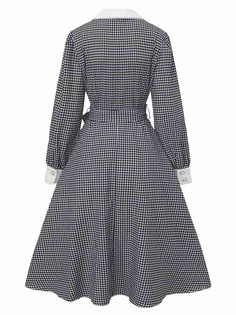 Robe noire à manches bouffantes et boutons nacrés style pied-de-poule années 1940