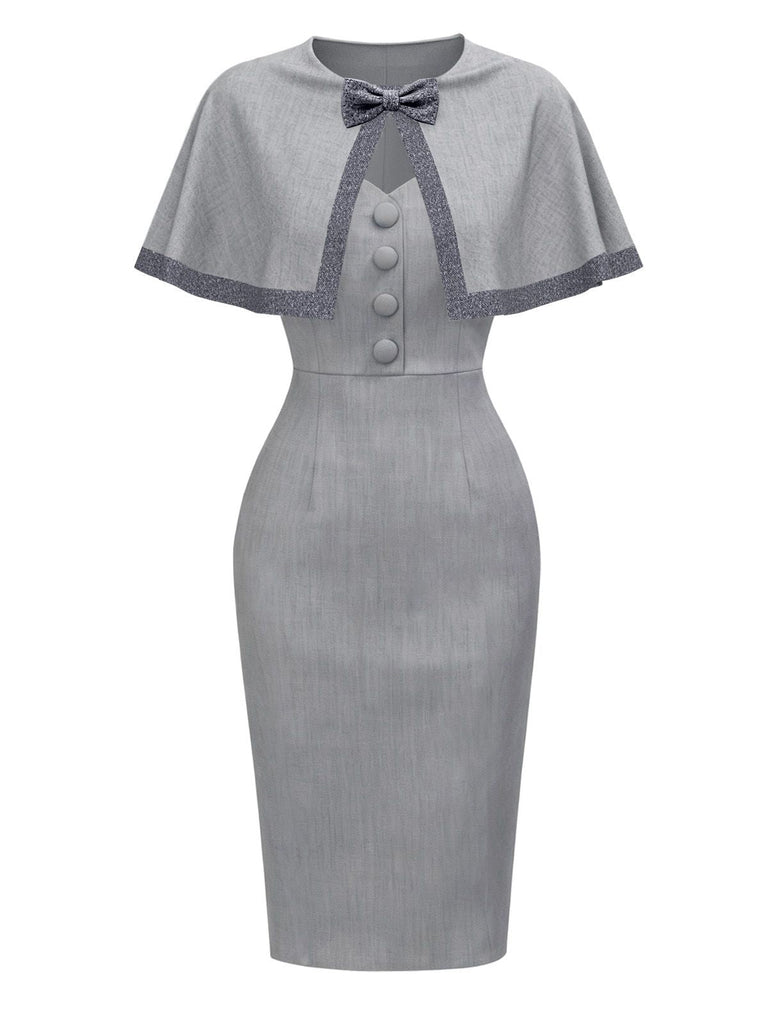 [Prévente] Robe moulante mi-longue grise à nœud et cape années 1960
