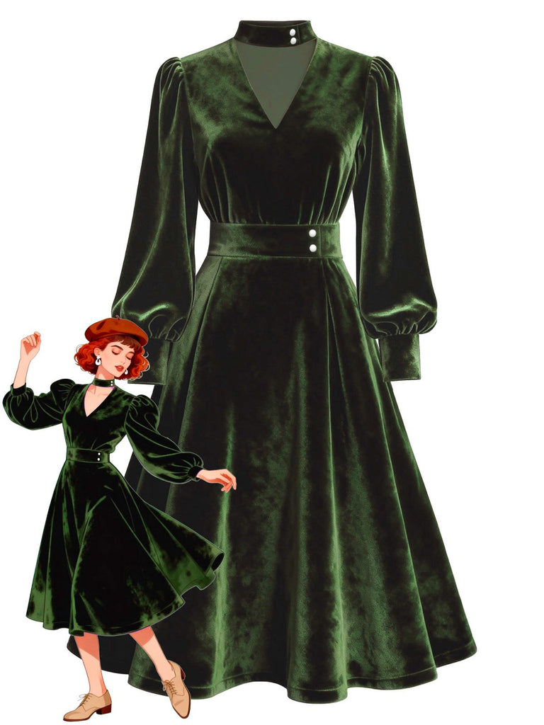 Robe verte en velours perlé et col en V années 1950