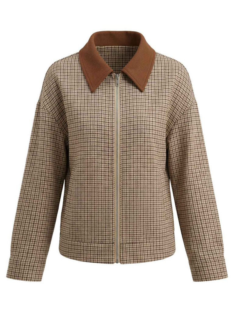 Veste à carreaux marron à revers et fermeture éclair des années 1950