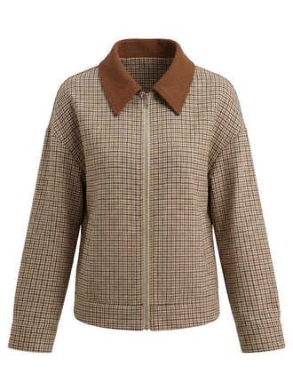 Veste à carreaux marron à revers et fermeture éclair des années 1950