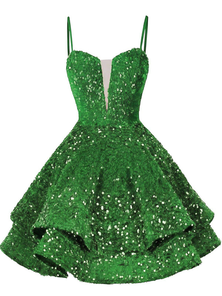 Robe de soirée mini rouge à paillettes décolleté en V profond et lacets années 1950