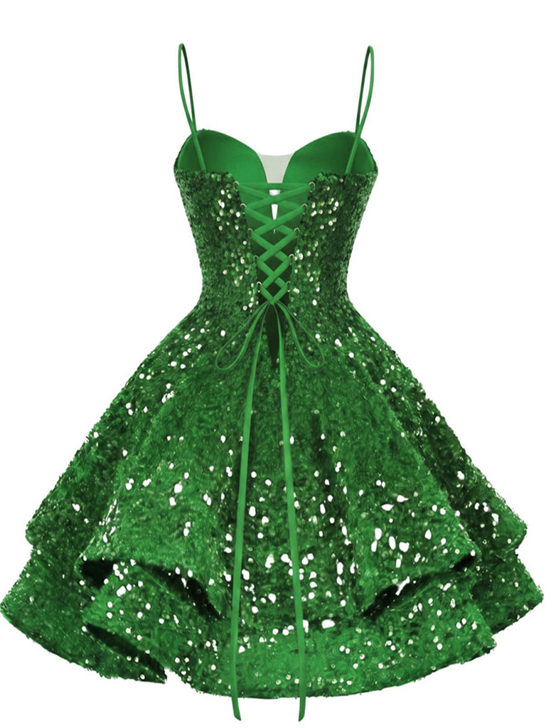 Robe de soirée mini rouge à paillettes décolleté en V profond et lacets années 1950