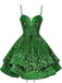 Robe de soirée mini rouge à paillettes décolleté en V profond et lacets années 1950
