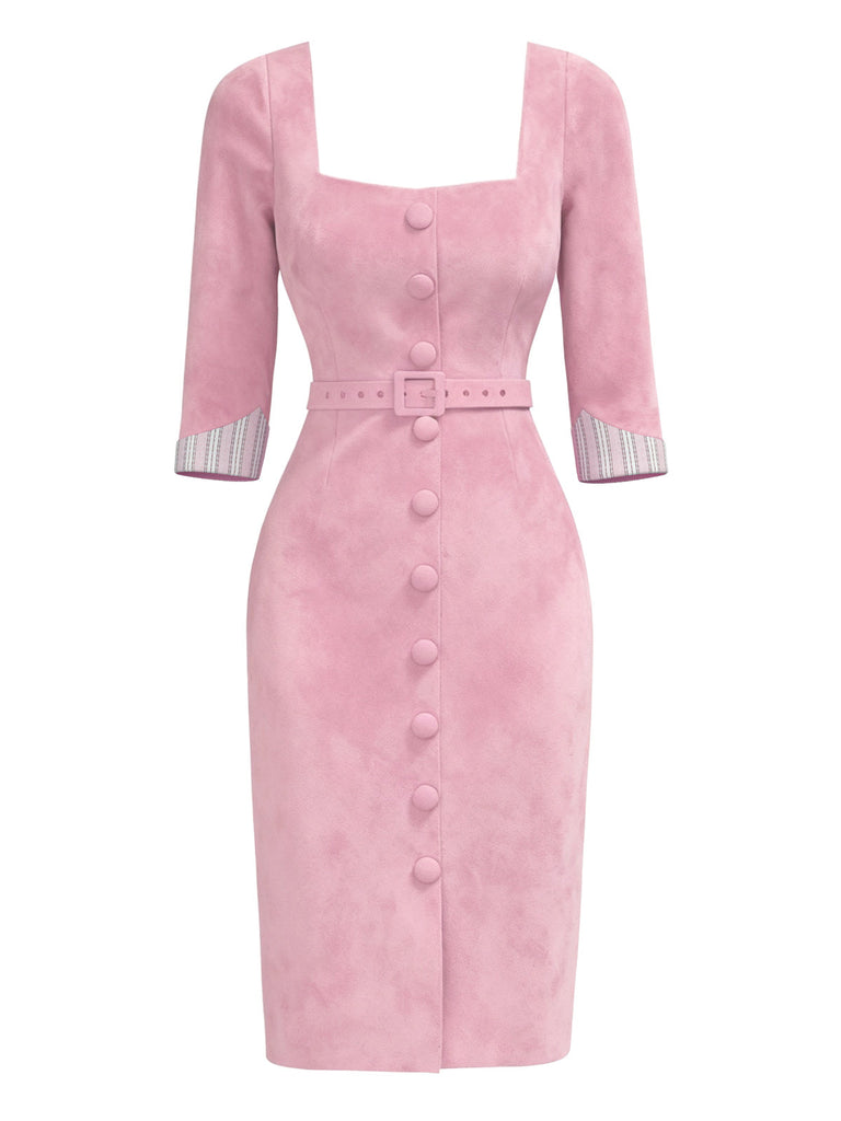 [Prévente] Robe moulante rose en daim et col carré années 60