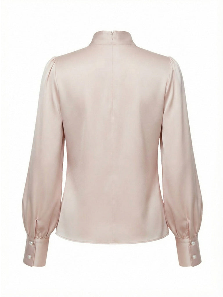 [Prévente] Chemisier en satin rose col montant et rose 3D années 70