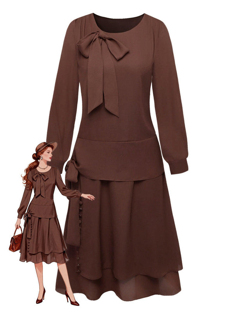 [Prévente] Robe Marron à Ceinture et Nœud Papillon Années 1920
