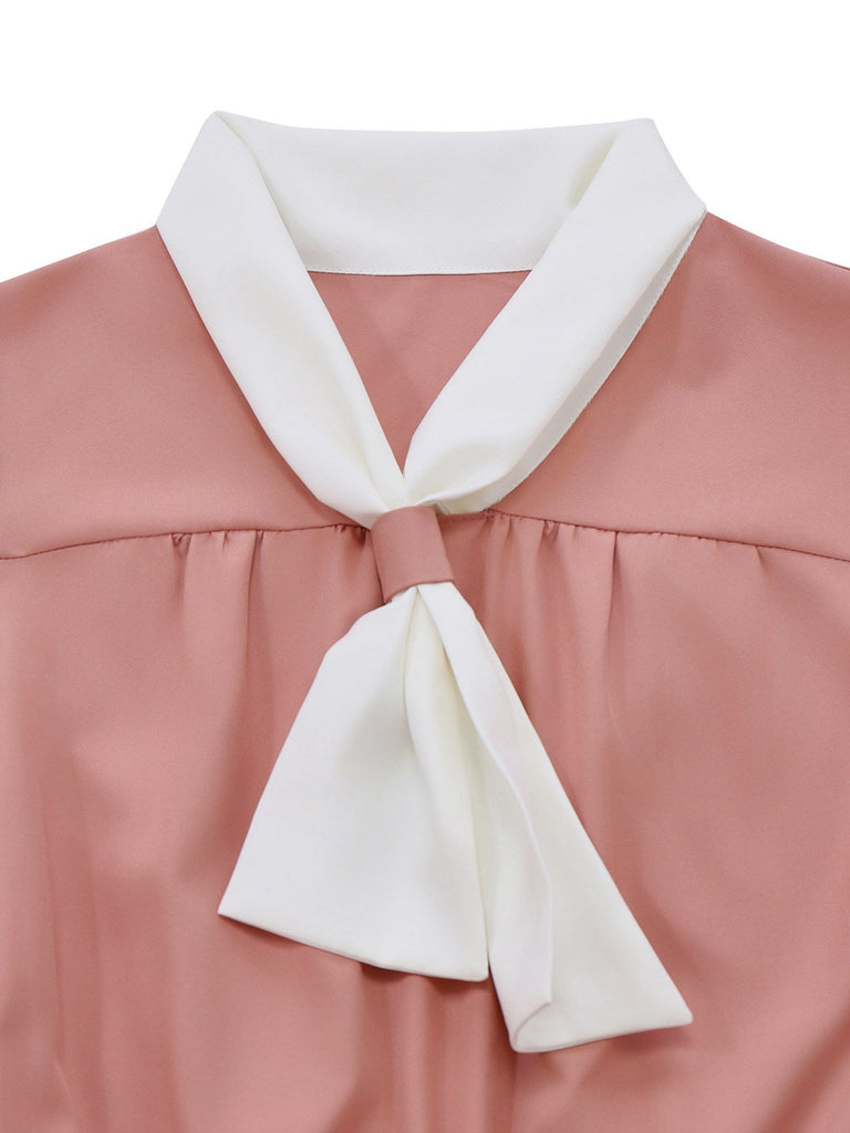 [Prévente] Robe Rose Col À Cravate Broderie Grosses Poches Années 1920