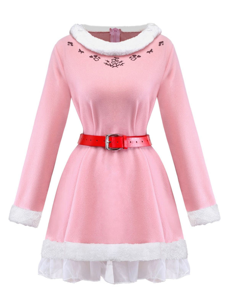Ensemble robe rose à bordure peluche elfe de Noël années 1950