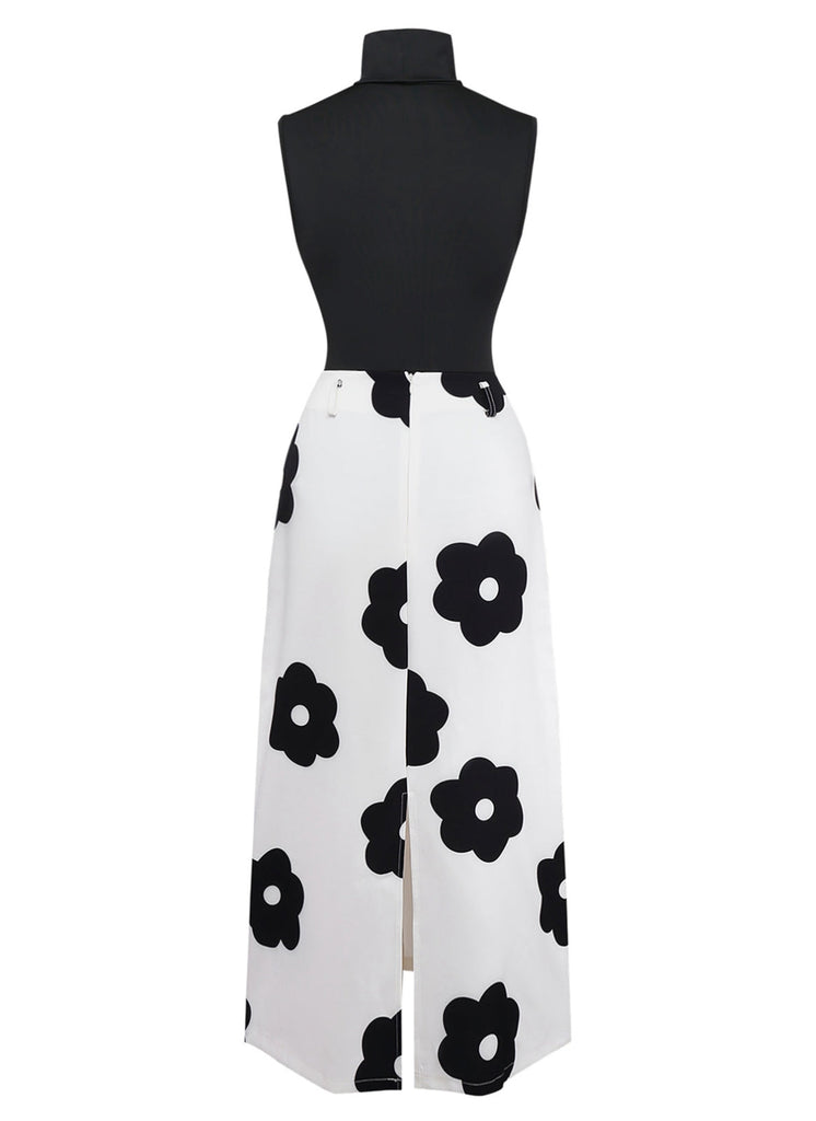 2PCS haut col roulé noir et jupe fleurie années 30