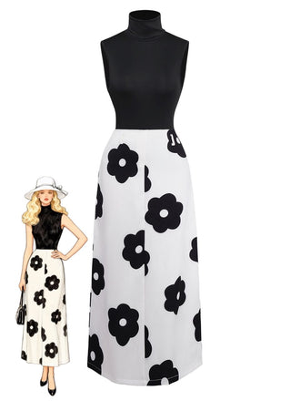 2PCS haut col roulé noir et jupe fleurie années 30