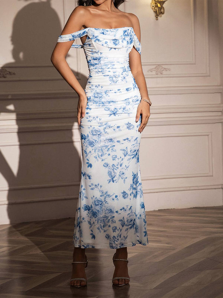 Robe Bodycon Épaules Dénudées Fleurs Maille Ruchée Années 80