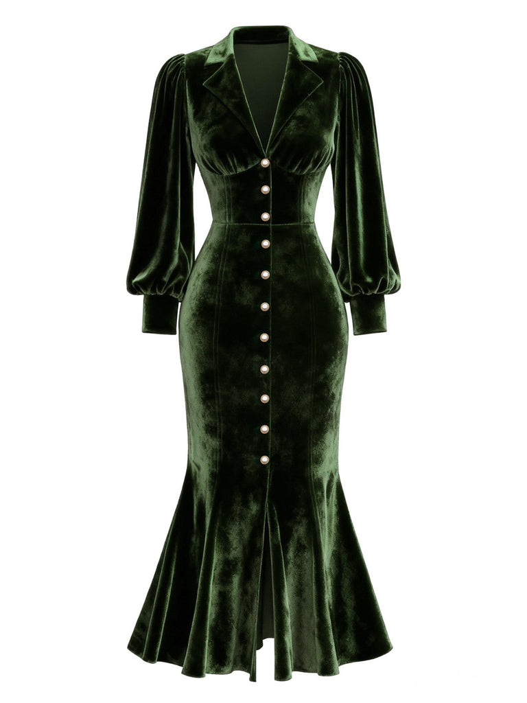 [Prévente] Robe sirène en velours vert ornée de perles manches lanternes années 1930
