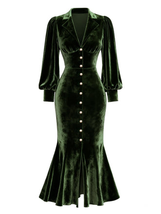 [Prévente] Robe sirène en velours vert ornée de perles manches lanternes années 1930