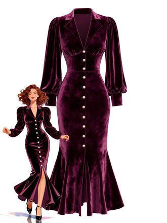 [Prévente] Robe sirène en velours rouge ornée de perles manches lanternes années 1930