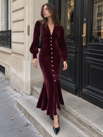 [Prévente] Robe sirène en velours rouge manches lanternes années 1930