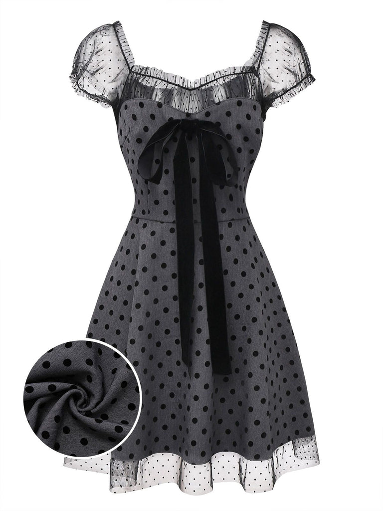 [Prévente] Robe Grise à Pois en Patchwork de Maille et Nœud Papillon Années 1960
