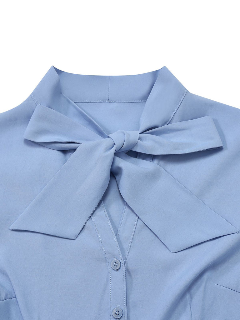 [Prévente] Robe Crayon Bleue à Ceinture et Nœud Papillon Années 1930