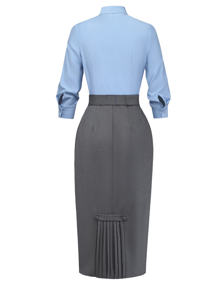[Prévente] Robe Crayon Bleue à Ceinture et Nœud Papillon Années 1930
