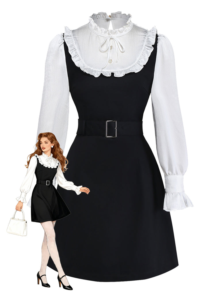 [Prévente] Robe Patchwork Noire à Volants Ceinture Nœud Papillon Année 1960