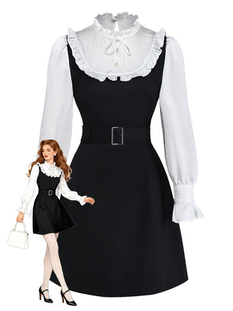 [Prévente] Robe Patchwork Noire à Volants Ceinture Nœud Papillon Année 1960