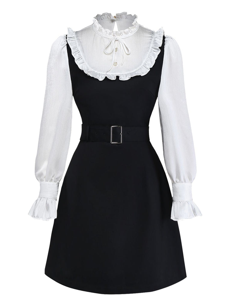 [Prévente] Robe Patchwork Noire à Volants Ceinture Nœud Papillon Année 1960