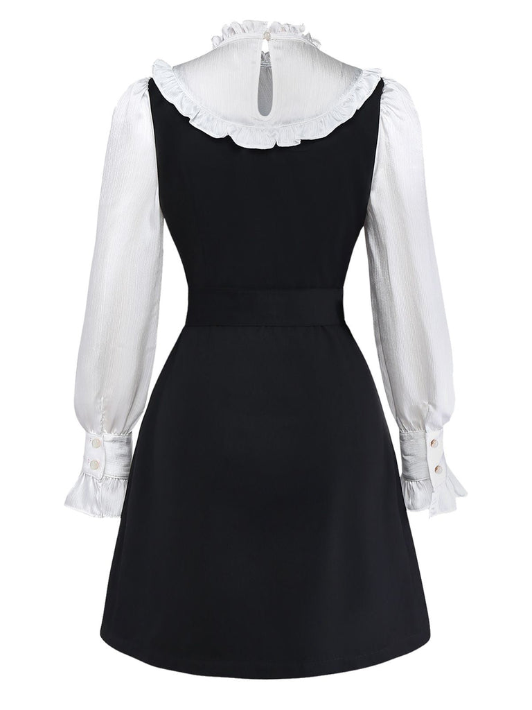 [Prévente] Robe Patchwork Noire à Volants Ceinture Nœud Papillon Année 1960