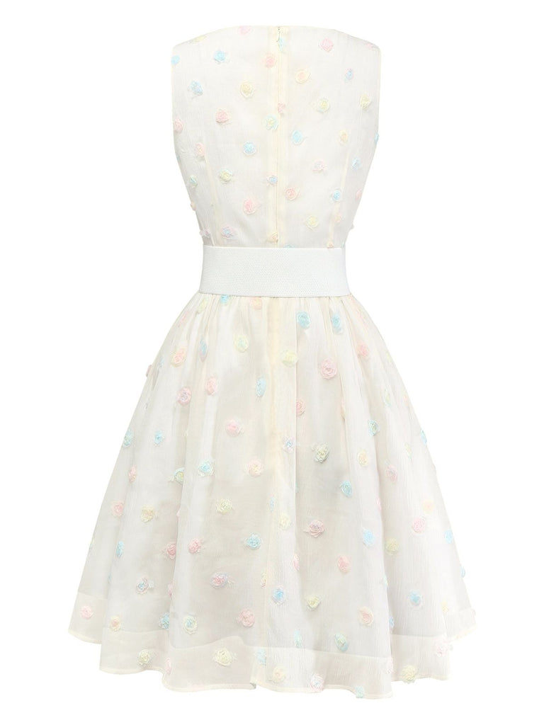 [Prévente] Robe blanche pois floraux 3D et ceinture nœud années 50