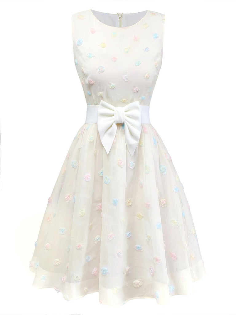 [Prévente] Robe blanche pois floraux 3D et ceinture nœud années 50