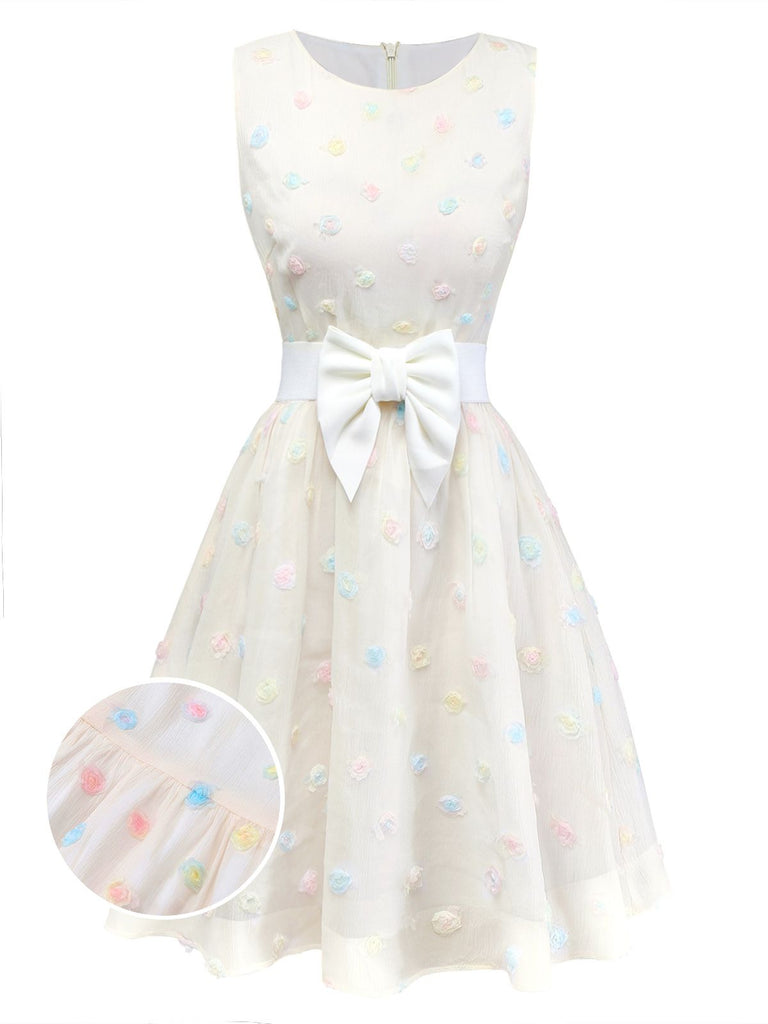 [Prévente] Robe blanche pois floraux 3D et ceinture nœud années 50