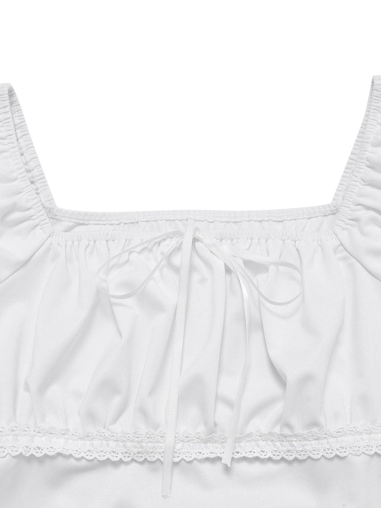 [Prévente] 2PCS Ensemble Haut Blanc Dentelle Ruchée Jupe Jean Bleue Nœud Années 1940