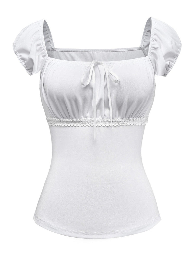 [Prévente] Haut Blanc Dentelle Ruchée Manches Bouffantes Col Carré Années 1940