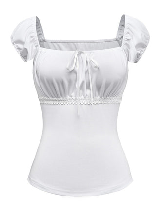 [Prévente] Haut Blanc Dentelle Ruchée Manches Bouffantes Col Carré Années 1940