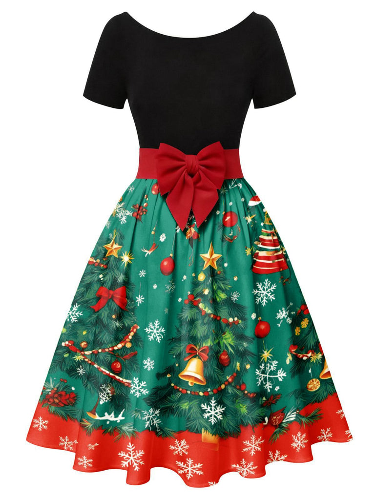 Robe trapèze à nœud et patchwork sapin de Noël années 1950