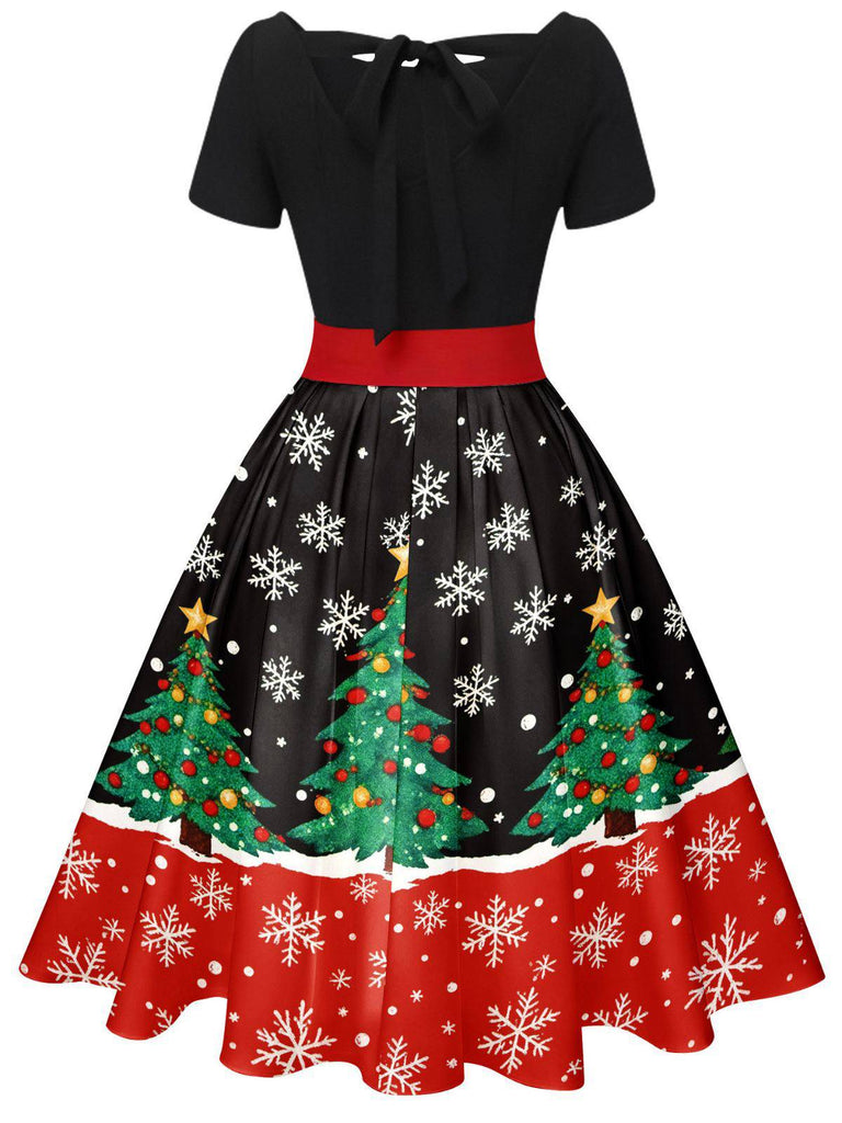 Robe trapèze à nœud et patchwork sapin de Noël années 1950