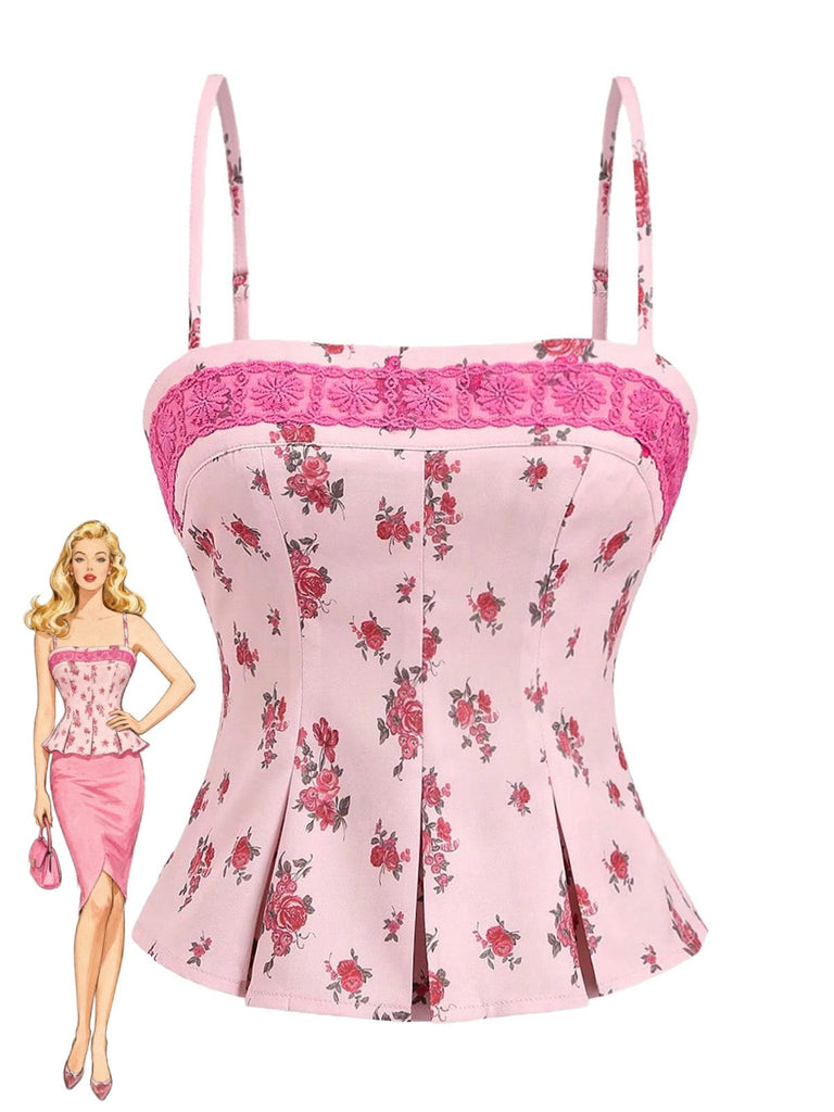Camisole plissée en patchwork de dentelle florale rose années 1960