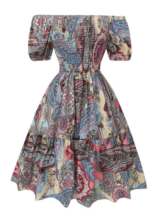 Robe Bouffante Multicolore Bohème Paisley Smockée Années 1970