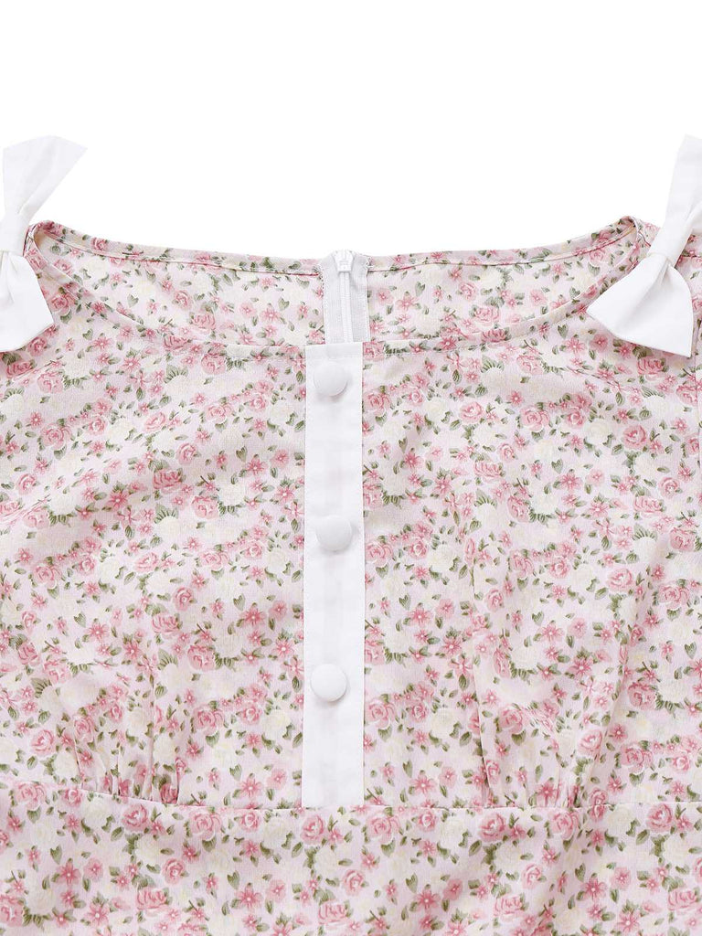 [Prévente] Robe rose petits motifs floraux et ceinture nœud années 40