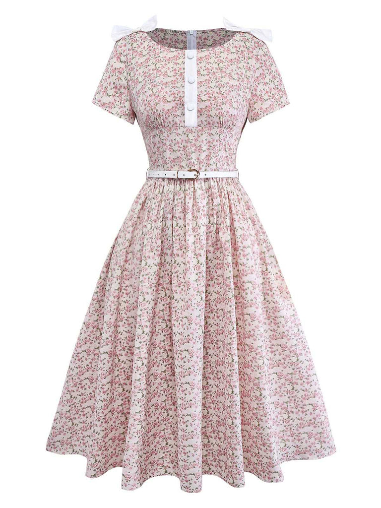 [Prévente] Robe rose petits motifs floraux et ceinture nœud années 40