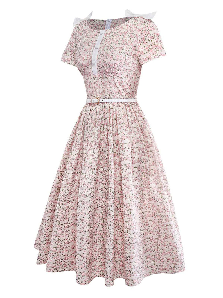 [Prévente] Robe rose petits motifs floraux et ceinture nœud années 40