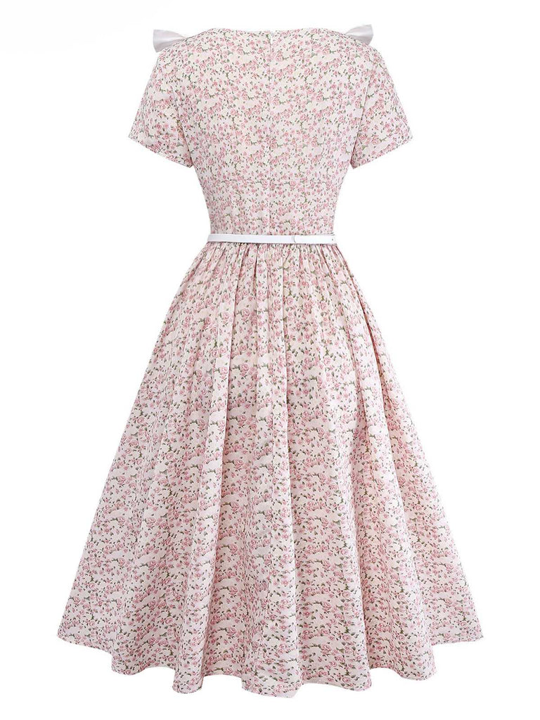[Prévente] Robe rose petits motifs floraux et ceinture nœud années 40