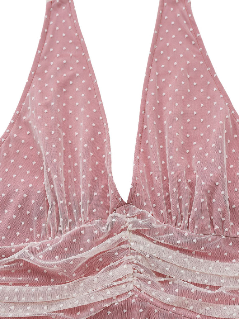 [Prévente] Robe rose poudré à pois col en V années 30