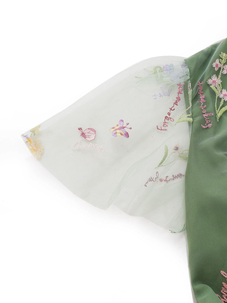[Prévente] Robe verte manches bouffantes et broderies florales en résille années 50
