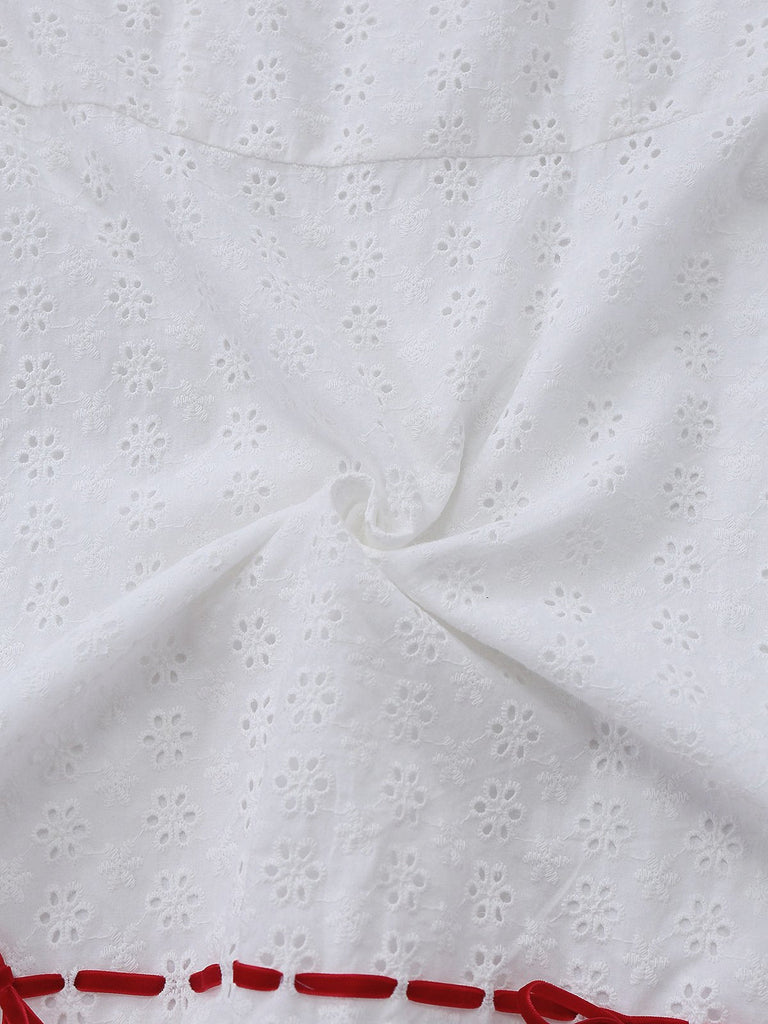 [Prévente] Robe blanche coton brodé à nœud bouffant et volants années 1960